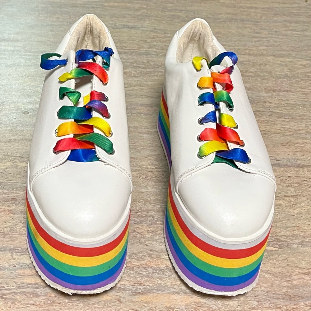 N.Y.L.A Dolls Kill white and rainbow 🌈 color platform sneakers